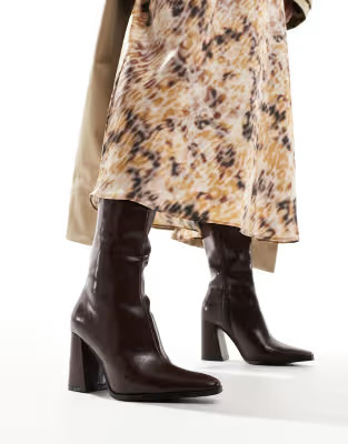 Bershka pointed toe calf length heeled boots in burgundy | ASOS (Global)