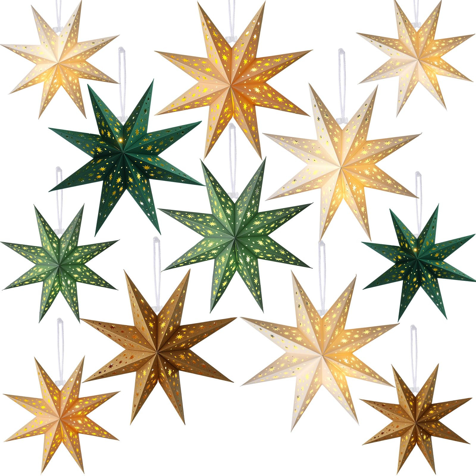 12 Pcs Christmas Paper Star Lantern 7/8/9 Points Sage Green Hanging Ornament 3D Neutral Star Lant... | Amazon (US)