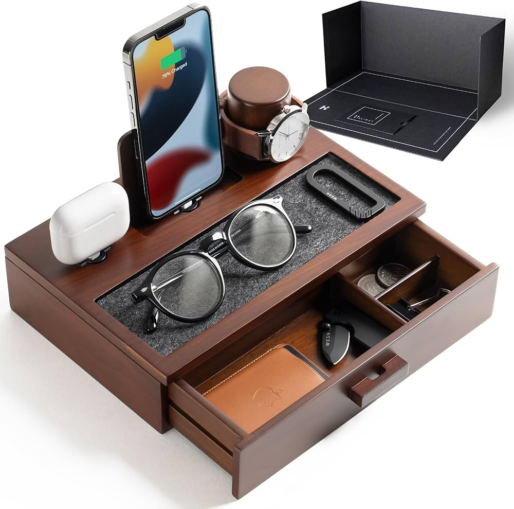 Nightstand Organizer For Men - Wood Phone Docking Station to Charge Your Phone & Earbuds - Wood C... | Amazon (US)
