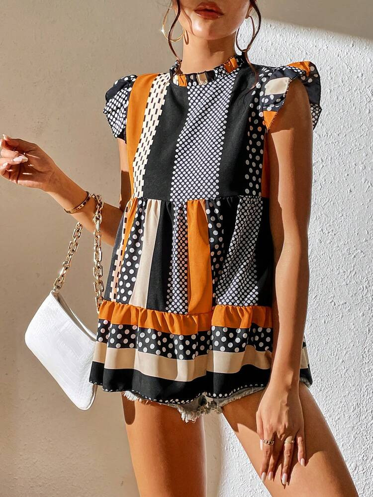 Polka Dot & Striped Print Ruffle Trim Peplum Blouse | SHEIN