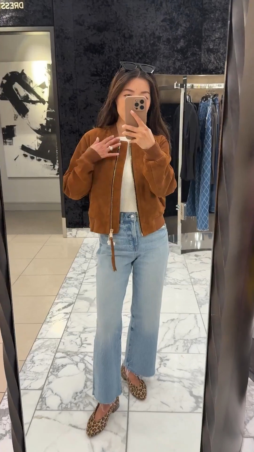 Full outfit is on sale - Nordstrom allsaints jacket is restocked and marked down for 2 more days. A look for less options also linked.

• Allsaints Orten suede bomber jacket sz 2. very petite friendly shorter fit, I sized up in this try on 

Same jacket also comes in black leather!

• 30% off Madewell jeans size 24 petite , one of my all time favorites from a while back and still stocked in the same exact wash

• Sezane leopard flats I love these but must  wear with heel lifts otherwise they rub my ankles

Petite friendly, denim outfit, casual fall transition outfit, suede bomber jacket 

 

#LTKPetite #LTKSaleAlert #LTKFallSale