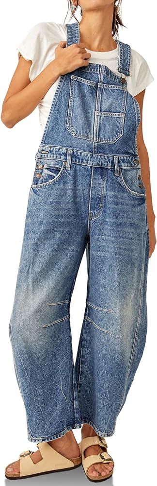 PLNOTME Womens Denim Bib Overalls Barrel Leg Adjustable Strap Jean Pants Jumpsuits with Pockets | Amazon (US)
