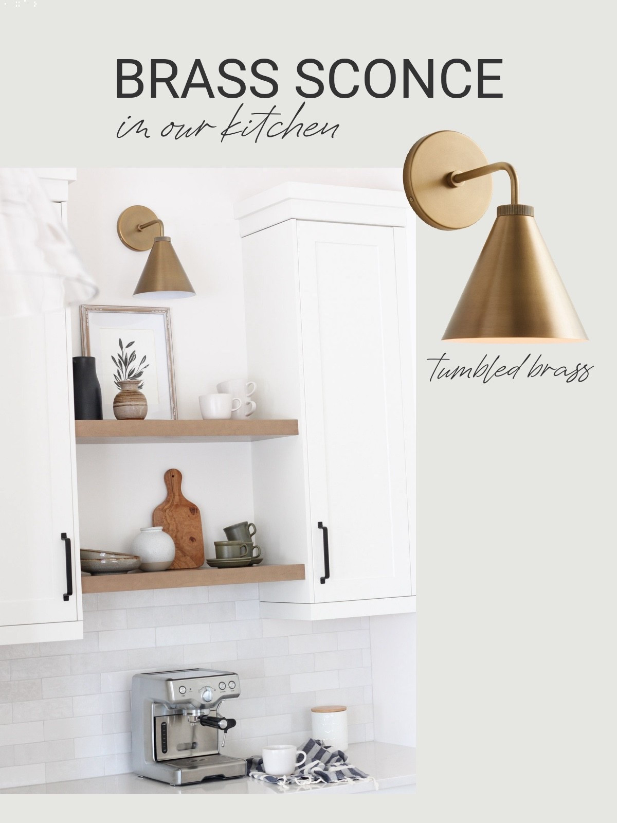 This brass sconce made all the difference in our kitchen. A touch of warmth to balance out the white cabinets and fill in the space above the open shelves. I especially love the soft, ambient glow in the evening.

#LTKHome #LTKfoodie
