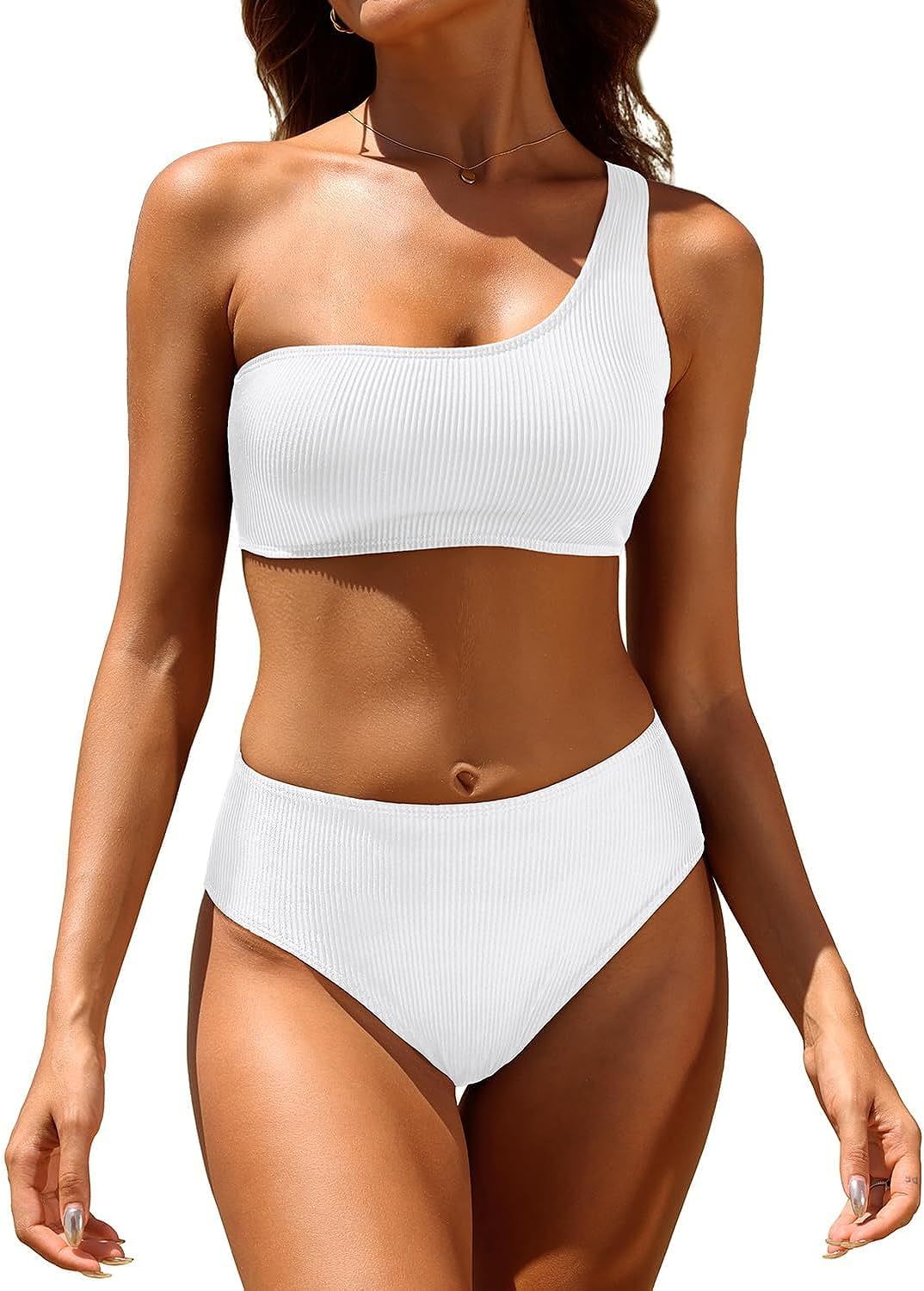 Tempt Me Women Two Piece Swimsuits Ribbed One Shoulder Bikini Sets Mid Waist Bathing Suit | Amazon (US)