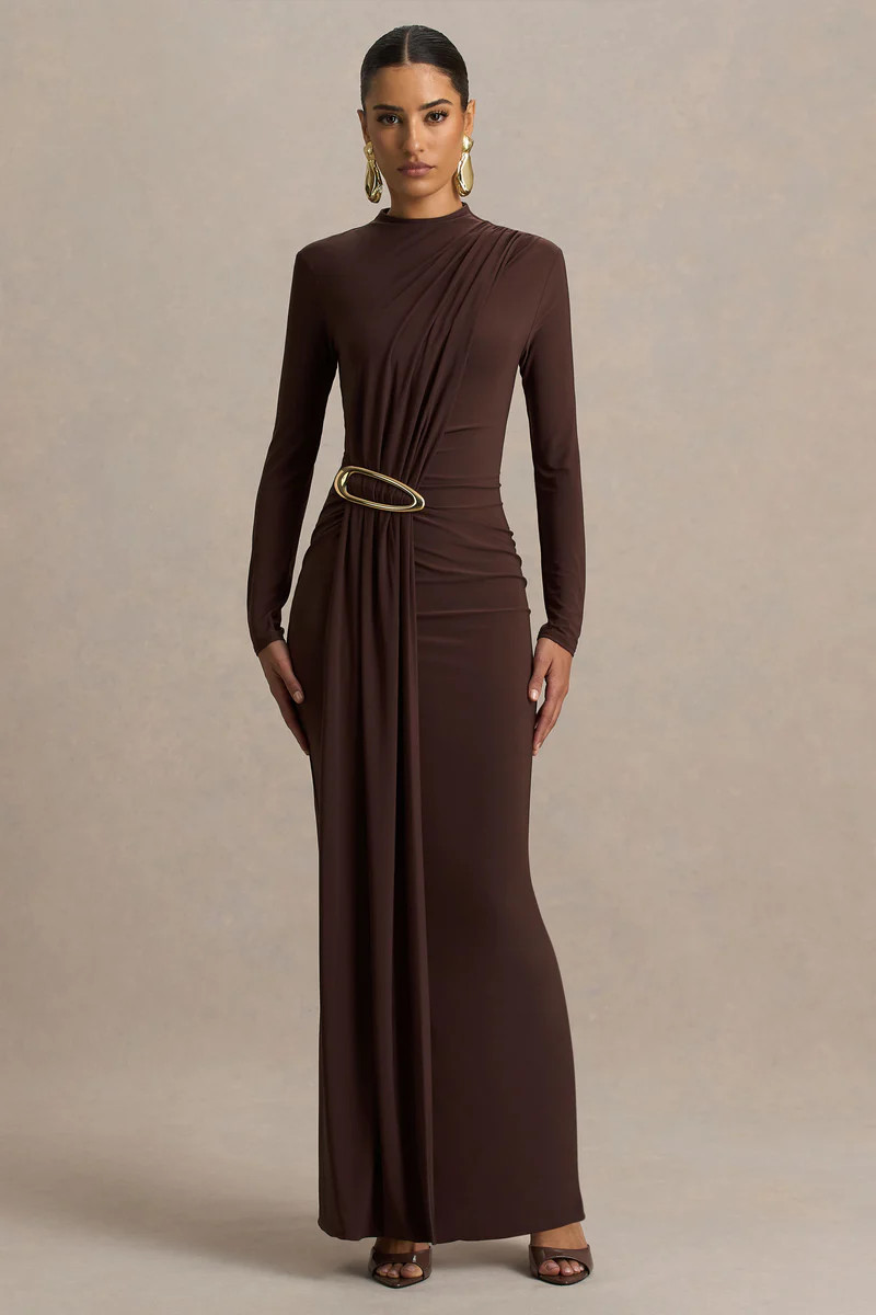 Zadie  Brown High-Neck Maxi Dress With Gathered-Detail | Club L London