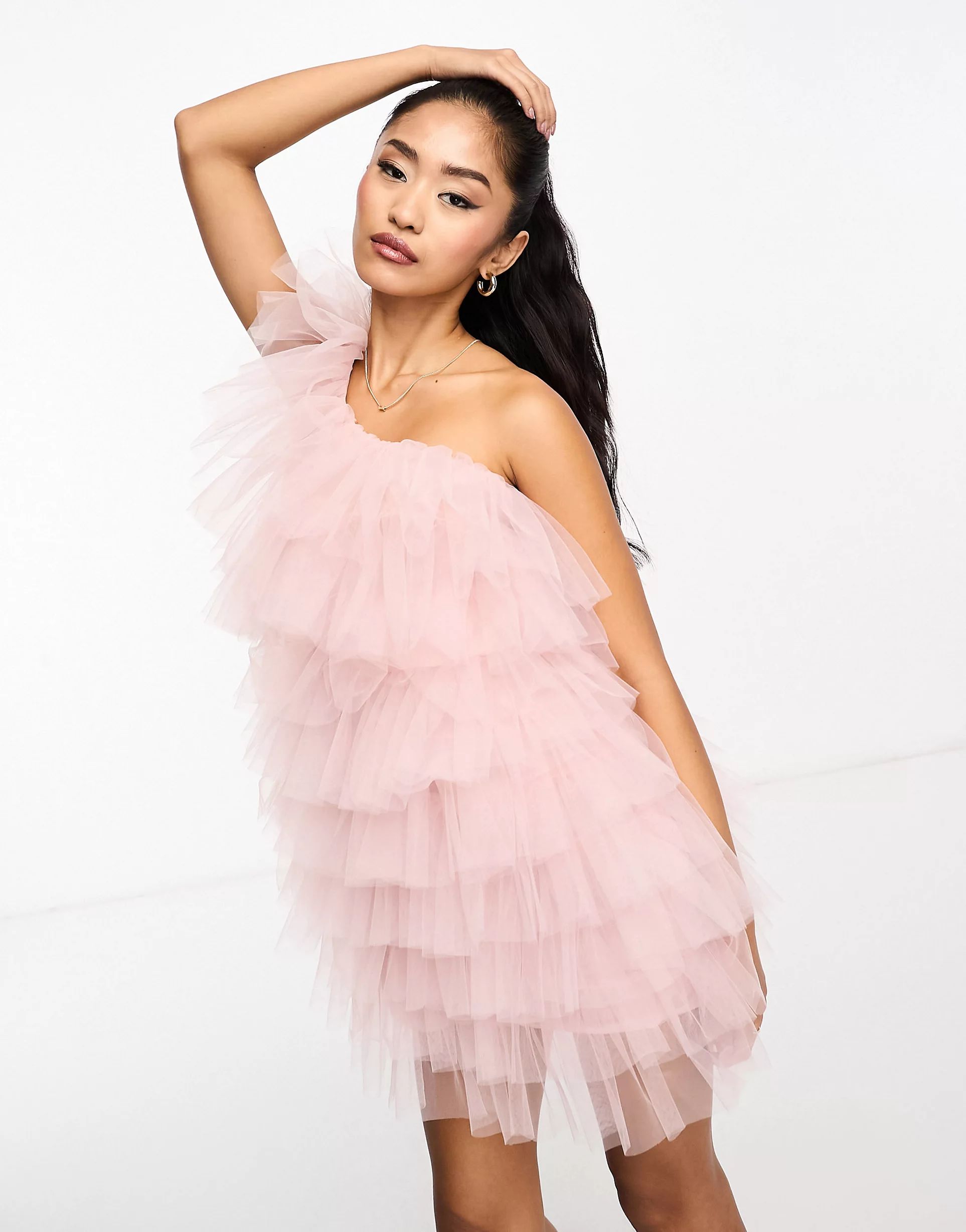 Miss Selfridge occasion mesh ruffle mini dress in light pink | ASOS (Global)
