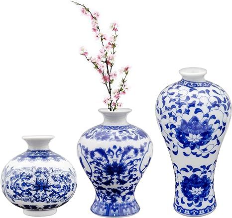 AuldHome Blue and White Chinoiserie Vases (Set of 3); Mini Decorative Bud Vases for Farmhouse, Co... | Amazon (US)