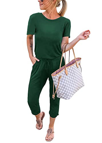 KIRUNDO Jumpsuits for Women Summer 2026 Casual Short Sleeve One Piece Outfits Drawstring Waist Long Pants Romper Jumpers(Dark Green, Small) | Amazon (US)