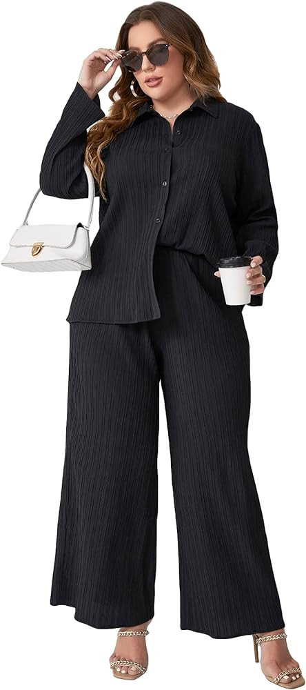 Floerns Women's 2 Piece Outfits Slit Hem Longline Blouse and Wide Leg Pants Set | Amazon (US)