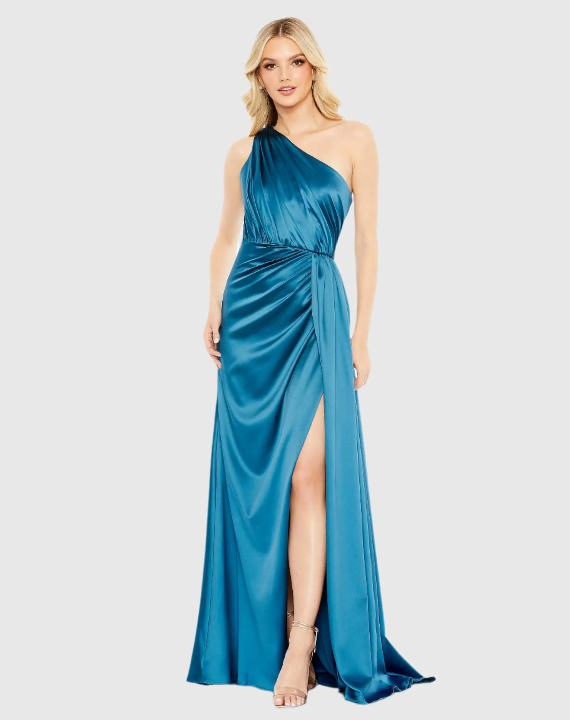 Gathered One Shoulder Satin Faux Wrap Gown - Mac Duggal | Mac Duggal