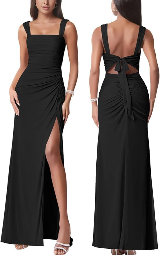 Women Sexy Tie Low Back Sleeveless Split Mesh Ruched Maxi Dress Party Cocktail Long Dress Wedding... | Amazon (US)