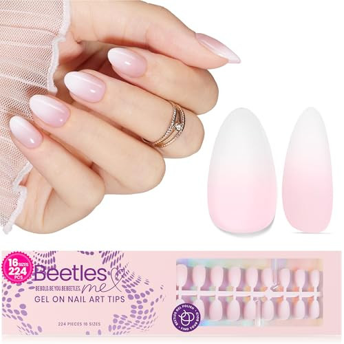 Beetles French Tip Press On Nails, 16 Sizes 224 Pcs Ombre Pink Extra Short Almond Press On Nails 4 In 1 Gel Nail Tips Pre-Applied Primer Base Soak Off Uv Nail Extension Gift for Women | Amazon (US)