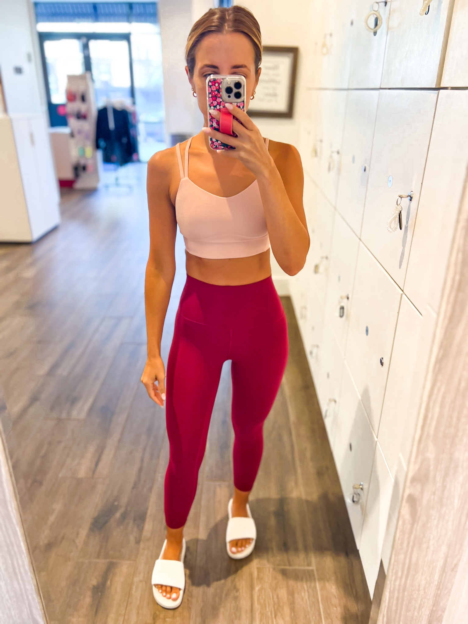 Lululemon like a cloud ribbed longline (sz 4). Lululemon align leggings 23” (sz 0). Lululemon slide sandals (size up if you’re a half size). Barre outfit. Yoga outfit. Weightlifting outfit. 

#LTKunder100 #LTKshoecrush #LTKfit