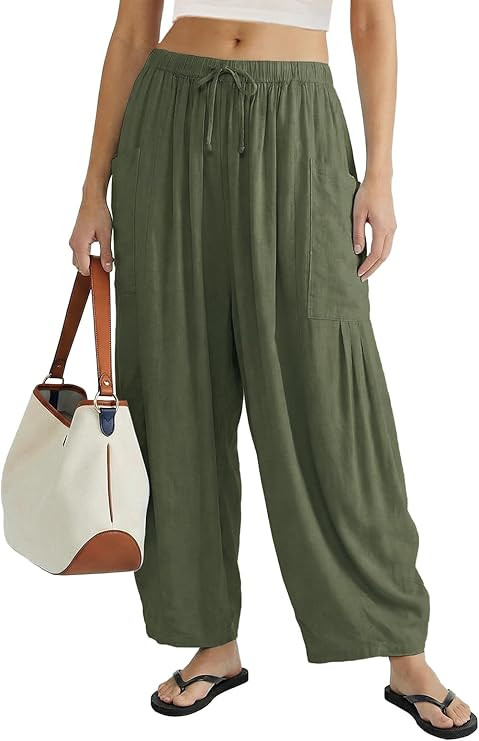 COCOMARTS Womens Linen Wide Leg Palazzo Pants Casual Loose Elastic Drawstring Flowy Pant 2025 Tra... | Amazon (US)