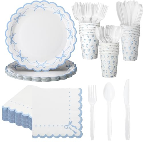 Sieral 144 Blue Scalloped Bow Party Supplies Coquette Cute Party Supplies Bachelorette Tableware Set Bow Paper Plates Napkins Cups for Girl Boy Baby Shower Wedding Birthday Decoration | Amazon (US)