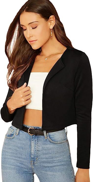 Romwe Women's Elegant Shawl Collar Crop Open Front Jacket Long Sleeve Work Office Blazer | Amazon (US)