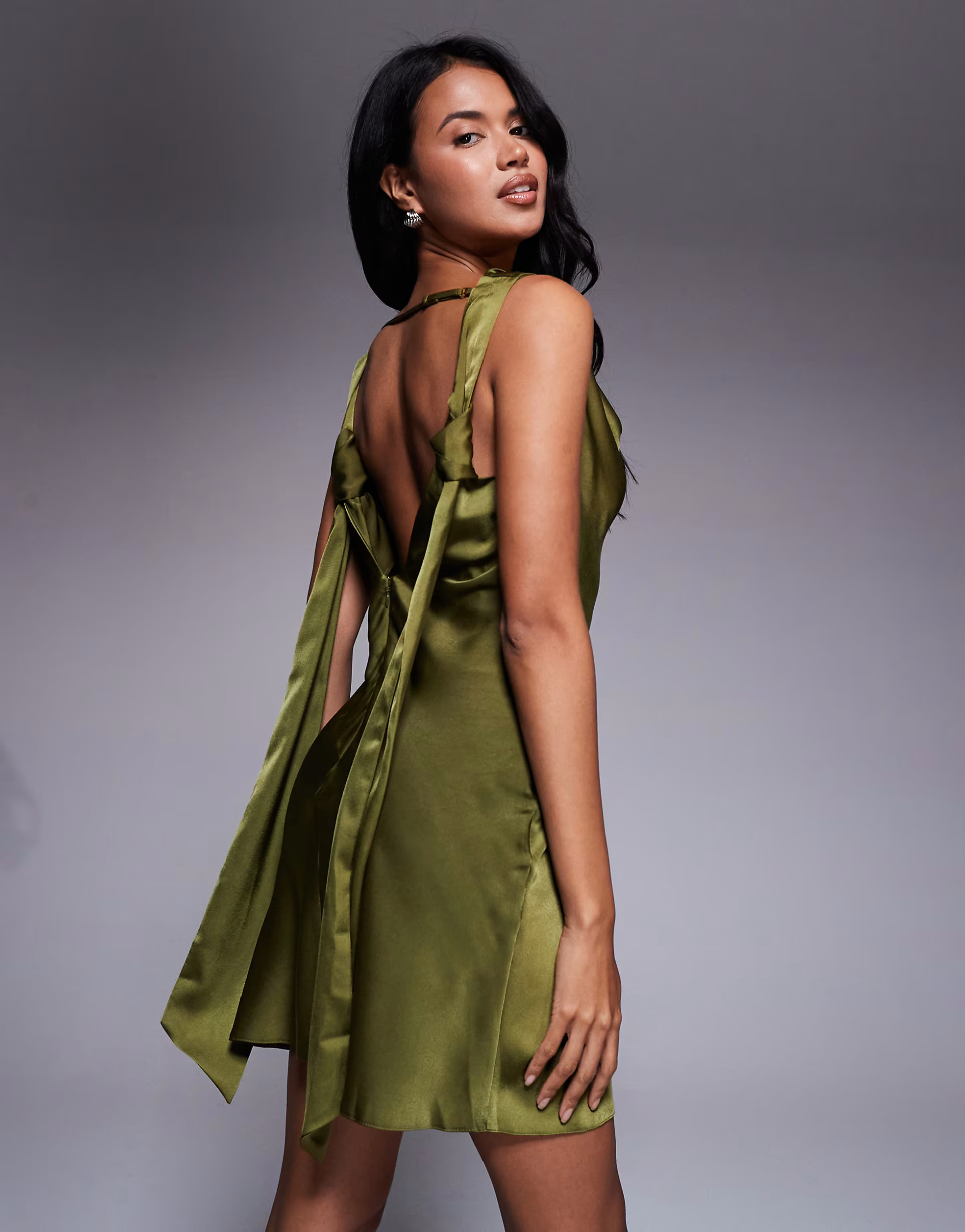 ASOS DESIGN satin drape neckline mini dress with long tie back detail and slit in olive green | ASOS (Global)