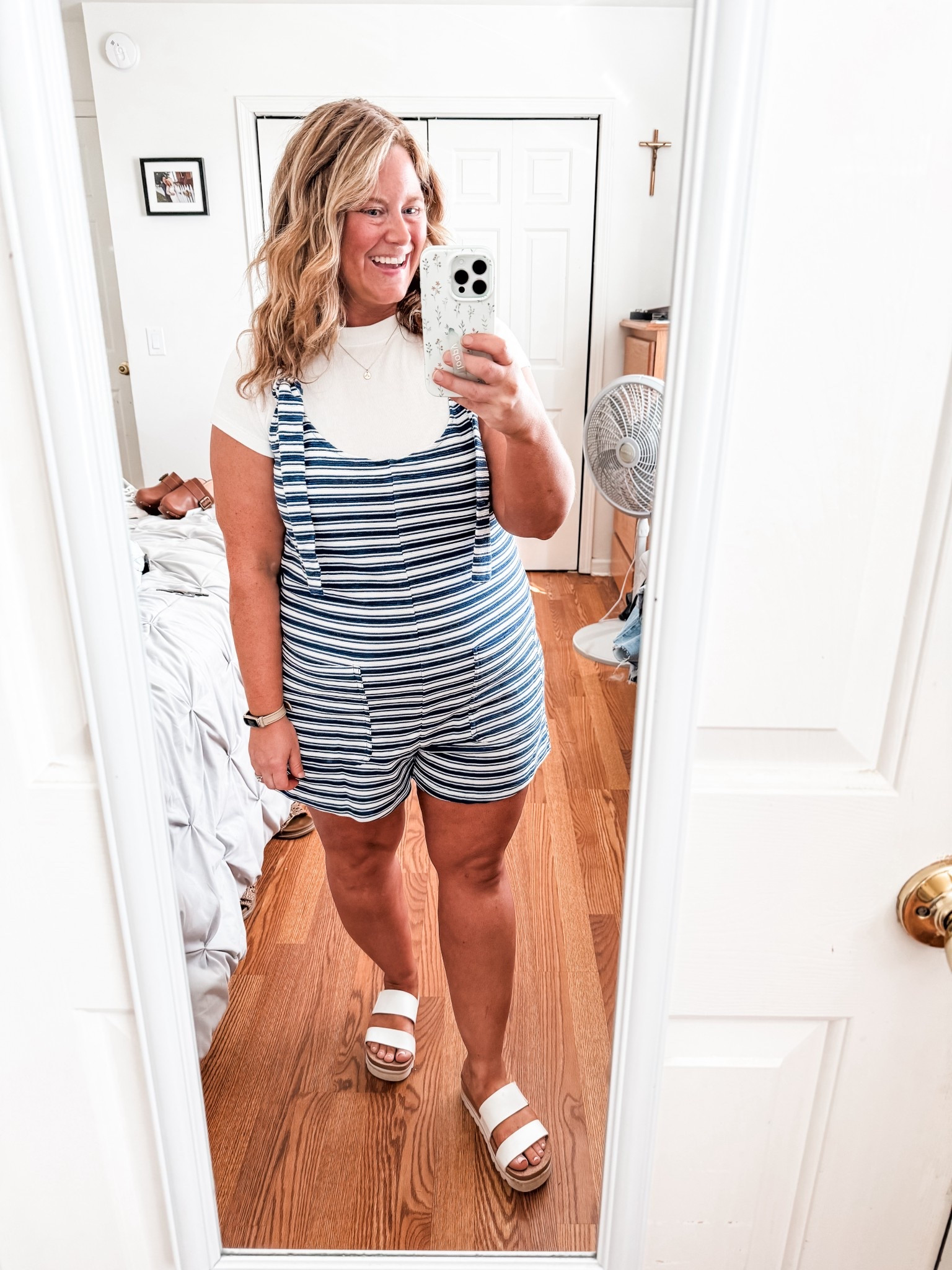Summer outfit idea - striped short overalls and a tee! Wearing an XL 

#LTKSeasonal #LTKMidsize #LTKFindsUnder50