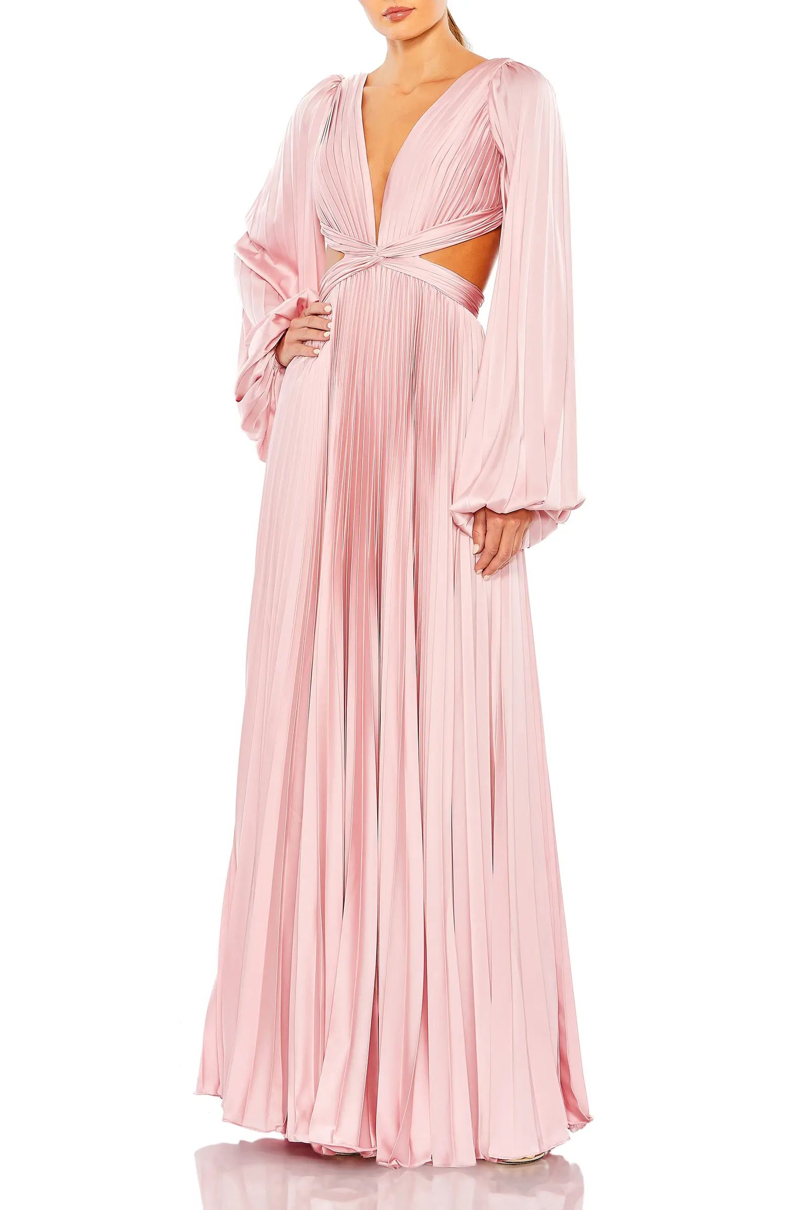 Long Sleeve Pleated Cut-Out Gown | Nordstrom
