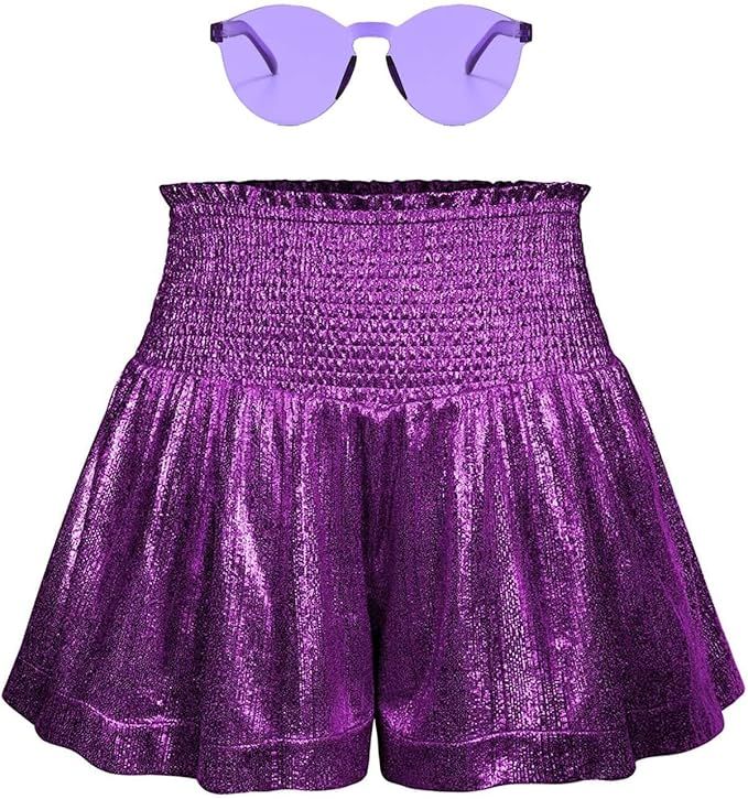 MAKARTHY Women's Metallic Shorts Elastic Waist Shiny Sparkly Rave Pants | Amazon (US)