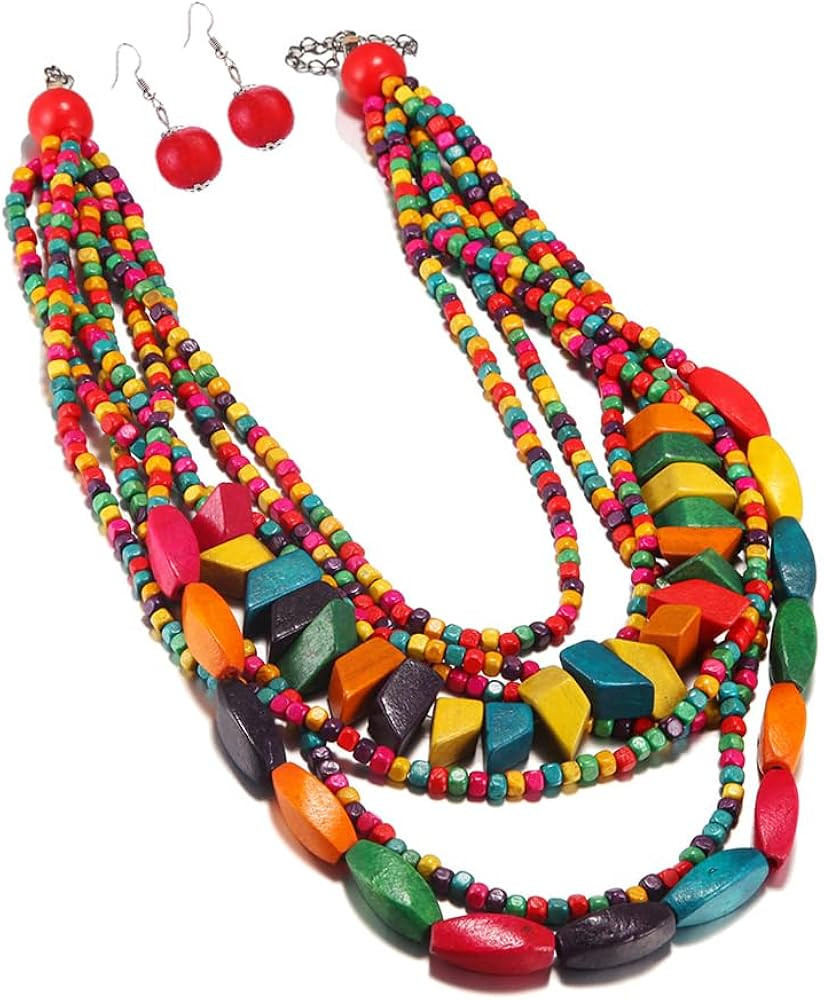 COLORFUL BLING Handmade Multi-Layer Chunky Wooden Beads Bib Necklace Earrings Set African Stateme... | Amazon (US)