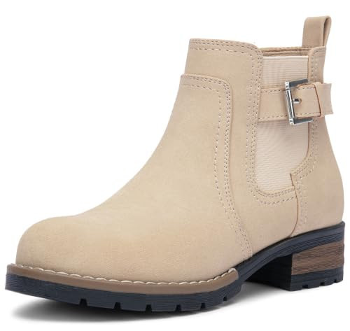 Jeossy Women's Beige Low Heel Chelsea Ankle Boots Side Zip, Size 9.5, 9006 | Amazon (US)