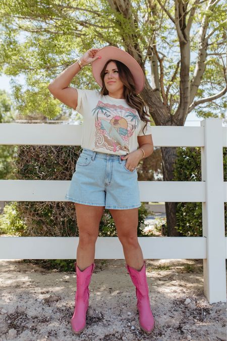 curvy causal western look! wearing size xl in Coastal Cowgirl tee and size 32 in denim shorts. linking a similar pair of pink cowgirl boots 

#LTKFindsUnder50 #LTKMidsize #LTKPlusSize