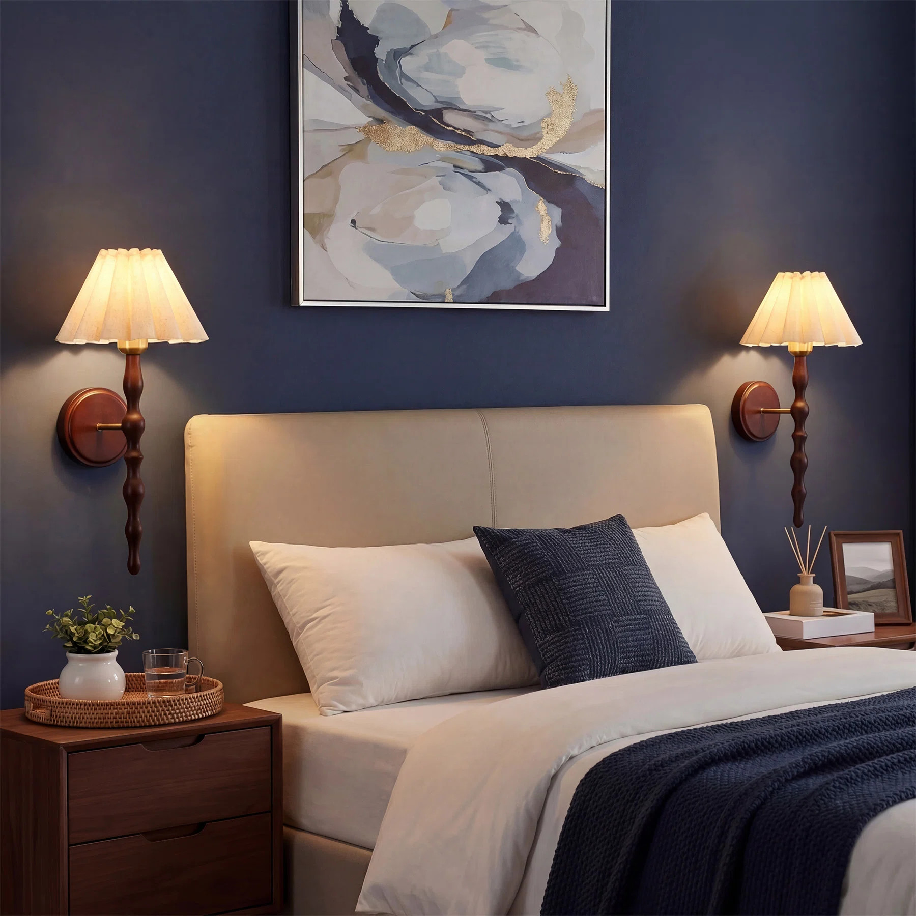 2-Pack Vintage Wall Sconce with Linen Shade, Faux Wood Metal Arm | Wayfair North America