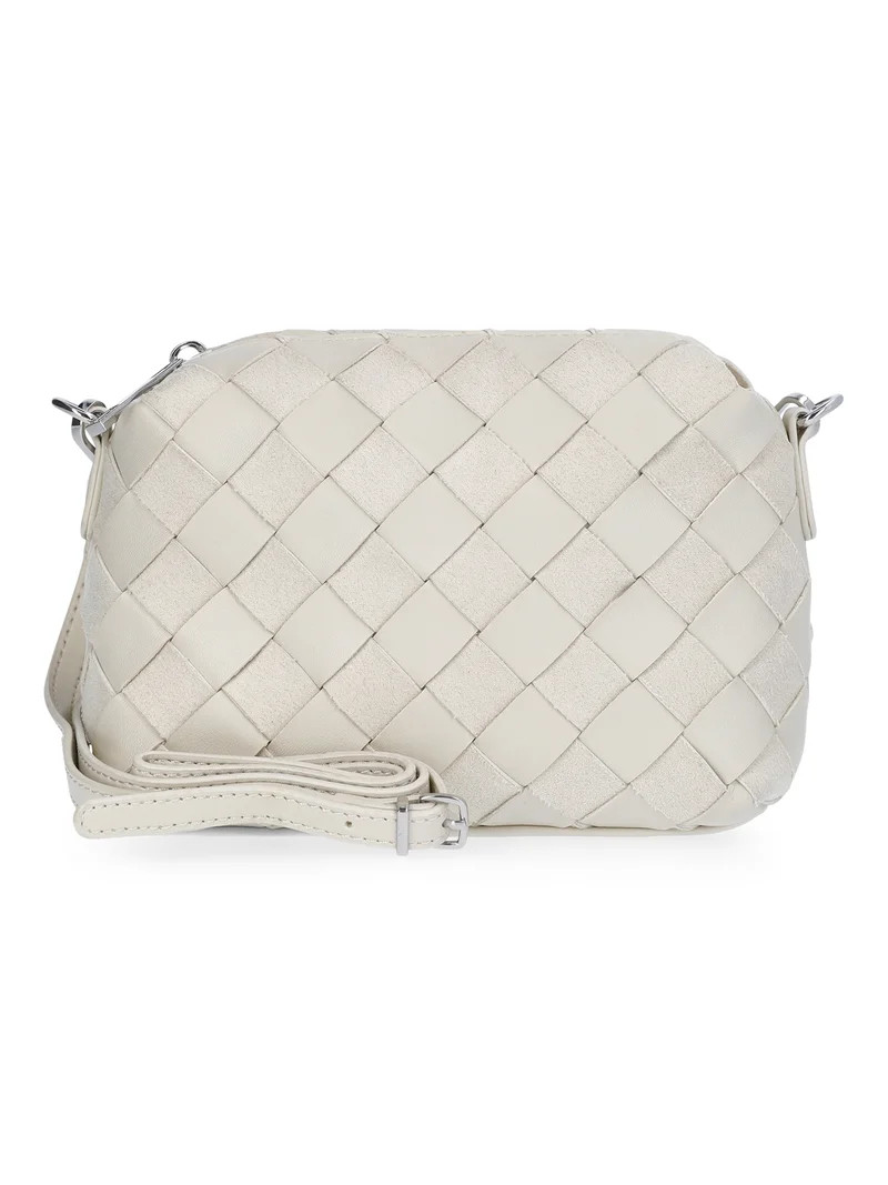 Time and Tru Women's Faux Leather and Suede Woven Camera Crossbody Bag, Beige | Walmart (US)