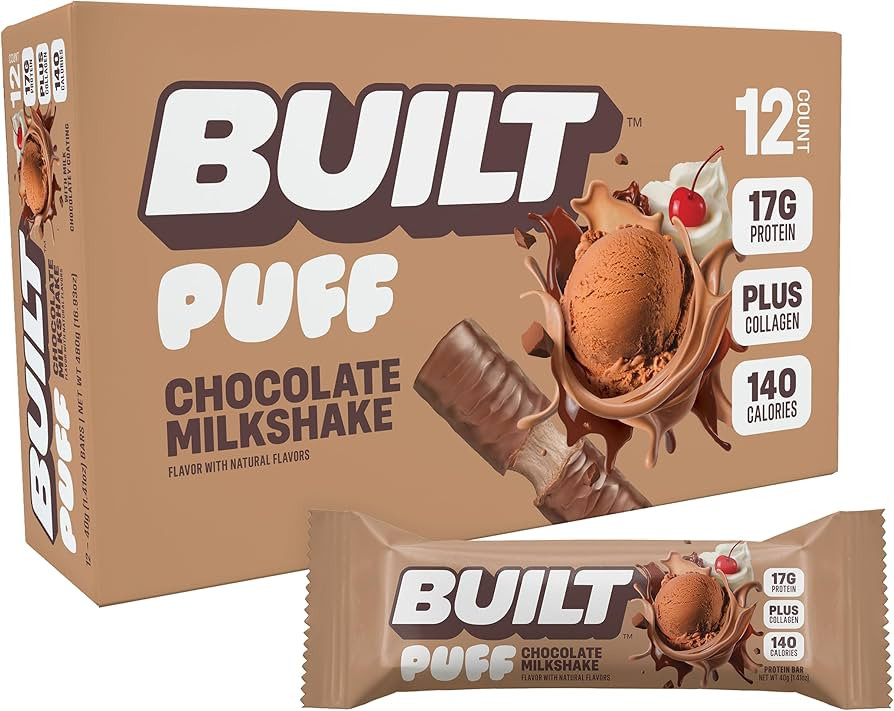 Built Bar Puff Protein Bars, Chocolate Milkshake, Collagen, On-the-go Snacks, Gluten Free, 12 Pac... | Amazon (US)