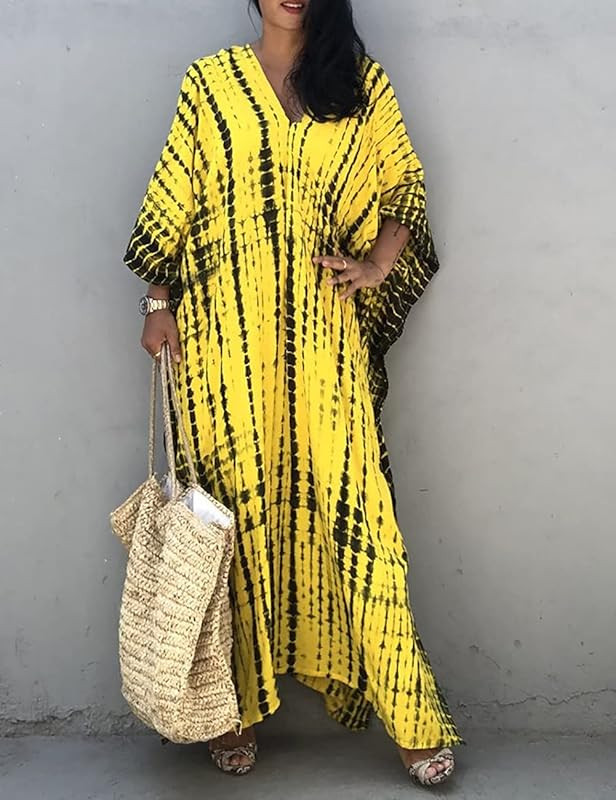 Bsubseach Women Print Beach Kaftan Dress Short Sleeve Plus Size Bathing Suit Cover Ups | Amazon (US)