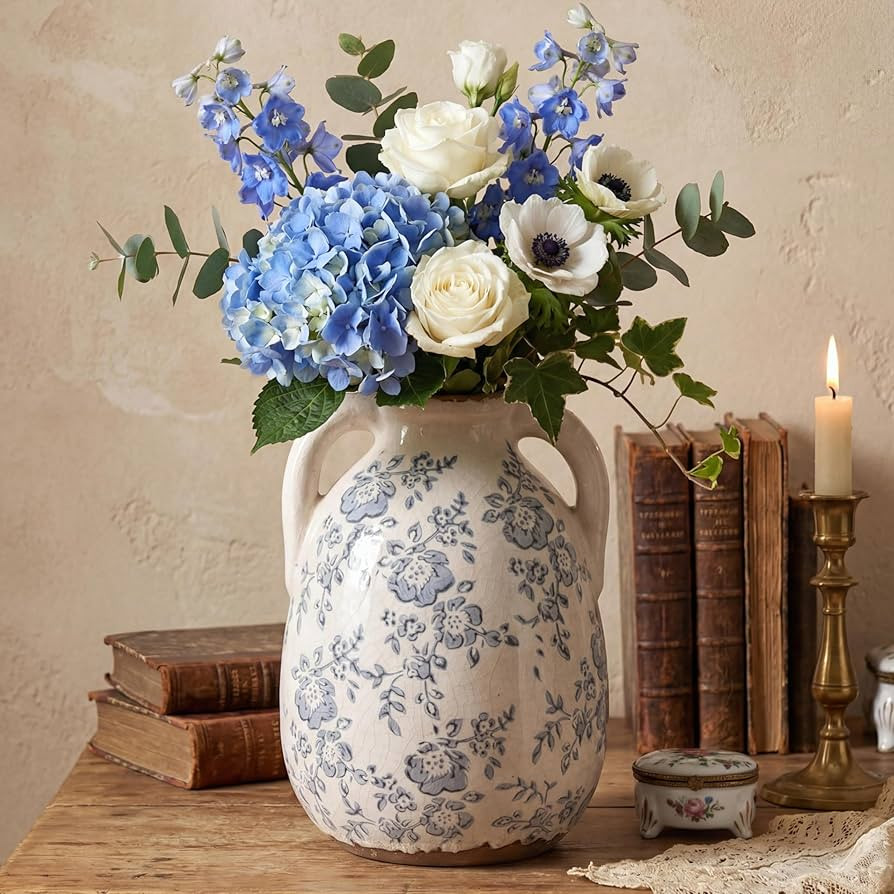 Vintage Chinoiserie Blue and White Ceramic Vases Decor 7” Retro Ice Crackle Hand-Painted Peony ... | Amazon (US)