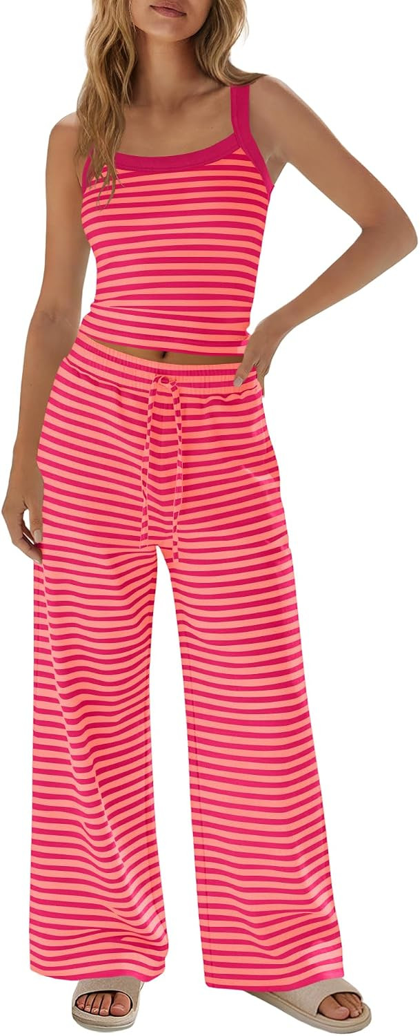Yanekop Womens 2 Piece Pants Set Summer Striped Matching Lounge Set Sleeveless Casual Sets Vacation Travel Outfits | Amazon (US)
