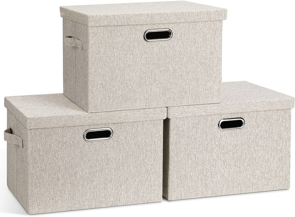 Large 17" 36 Quart Collapsible Stackable Storage Bins with Lids, 3 Packs Beige Linen Fabric Close... | Amazon (US)