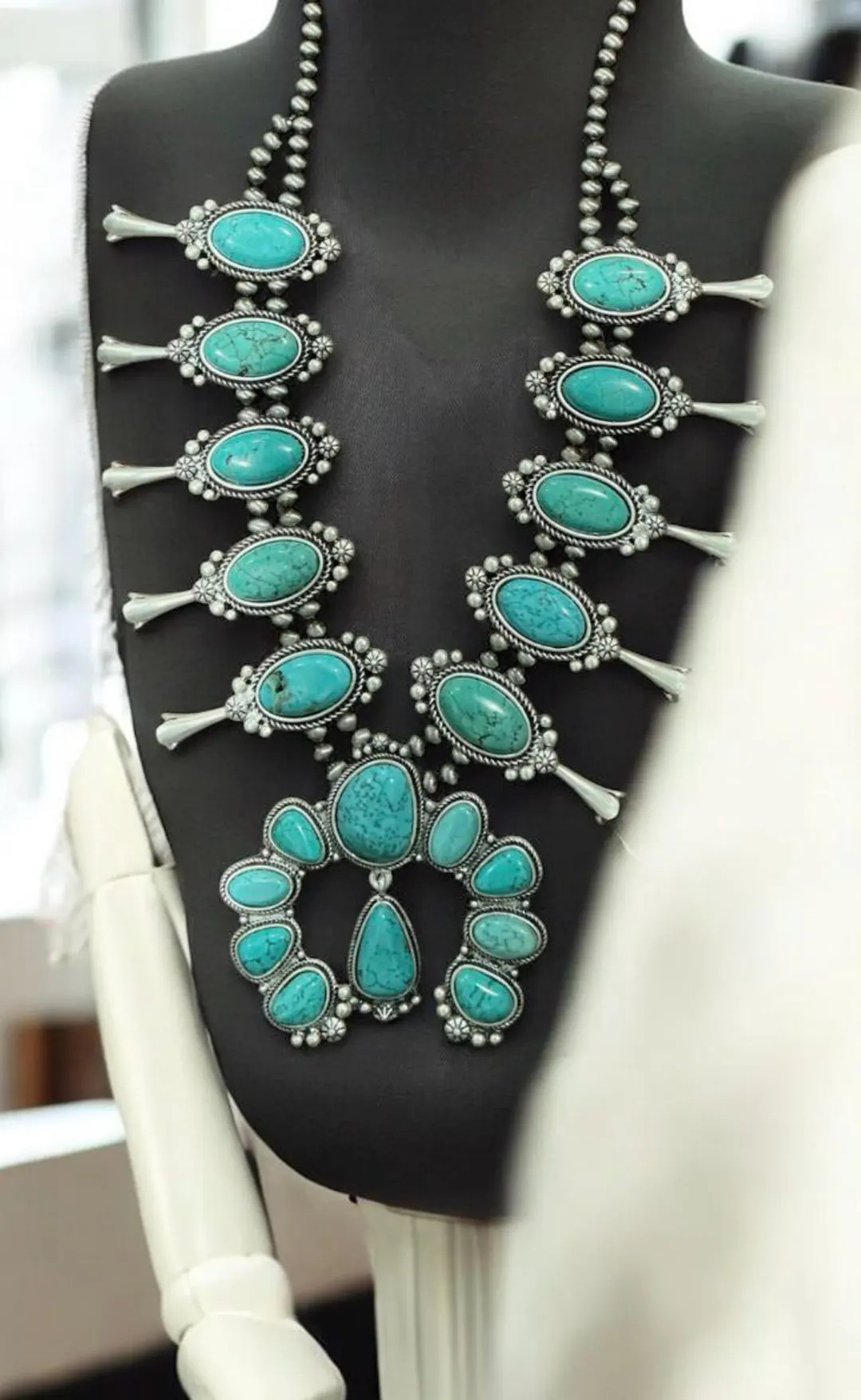 30\u201d Handmade Turquoise Full Squash Blossom Necklace, Long Navajo Style Western Statement Nec... | Etsy (Global)