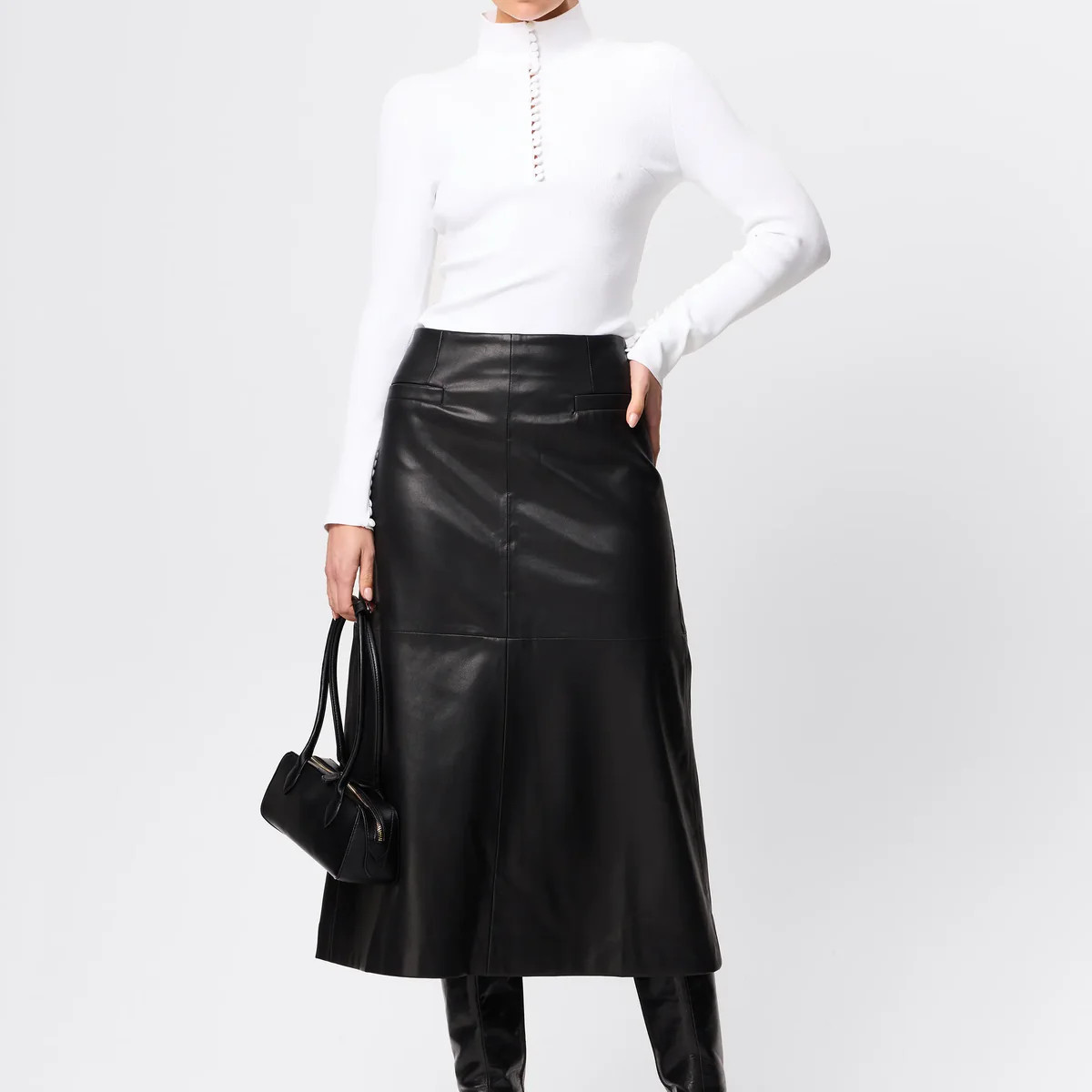 Fairfax Midi Skirt - Mossman | Black Faux Leather Panelled Skirt | Mossman