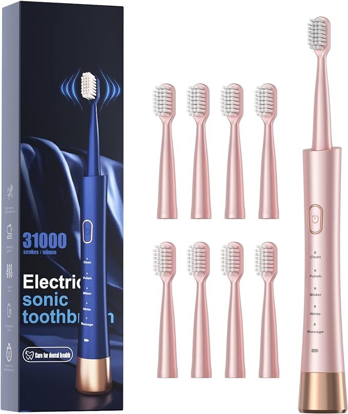 Sonic Electric Toothbrush for Adults, USB Rechargeable Sonic Toothbrush with 8 Brush Heads, Smart... | Amazon (US)