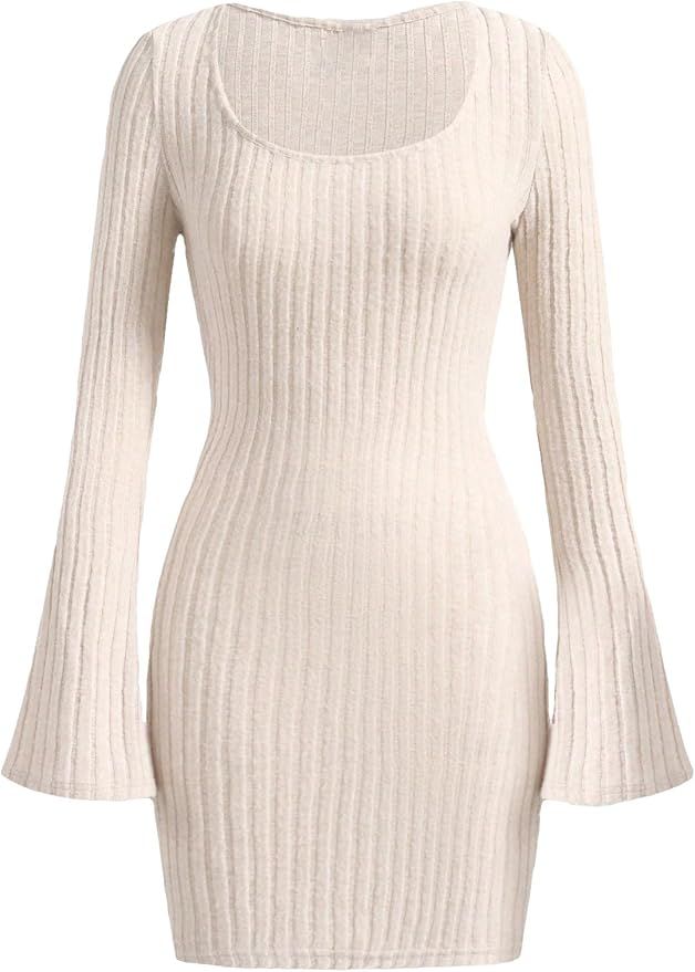 MakeMeChic Women's Square Neck Long Flare Sleeve Ribbed Knit Bodycon Mini Dress | Amazon (US)