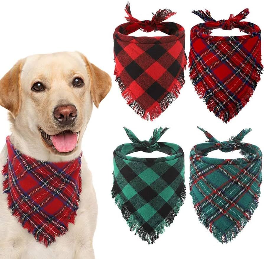 Plaid Dog Bandana Christmas 4 Pack - Classic Triangle Scarf Tassels Style Holiday for Dogs Cats Pupp | Amazon (US)