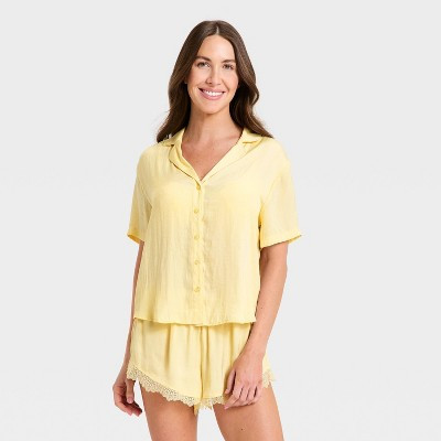 Women's Luxury Collection Satin Notch Collar Top and Lace Trim Shorts Pajama Set - Auden™ Yellow M | Target
