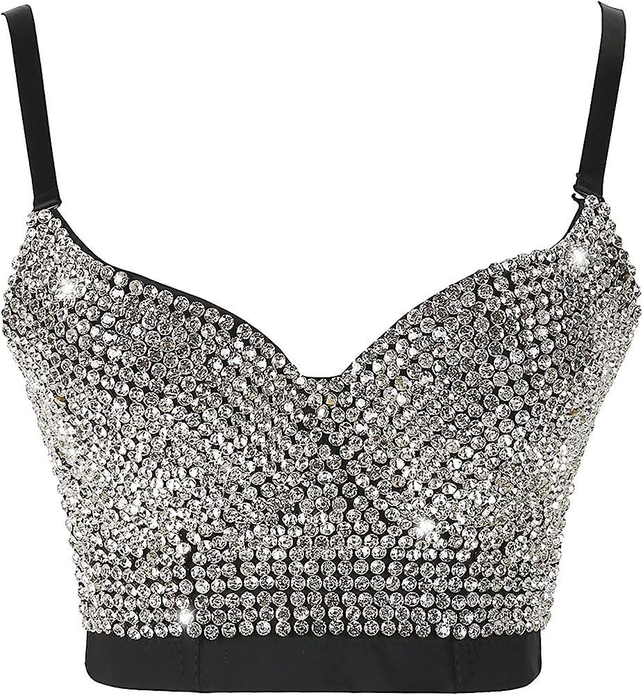 atokiss Women's Handmade Rhinestone Shining Diamond Push up Bustier Club Party Bra Cropped Top Ve... | Amazon (US)