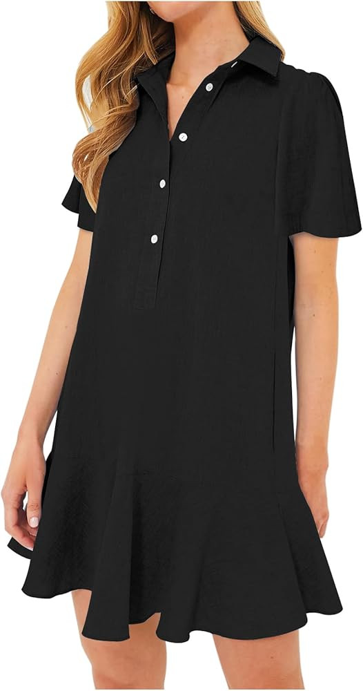 Women's Button Down Shirt Dress Summer Casual Short Sleeve Cotton Linen Ruffle Shift Mini Dresses | Amazon (US)
