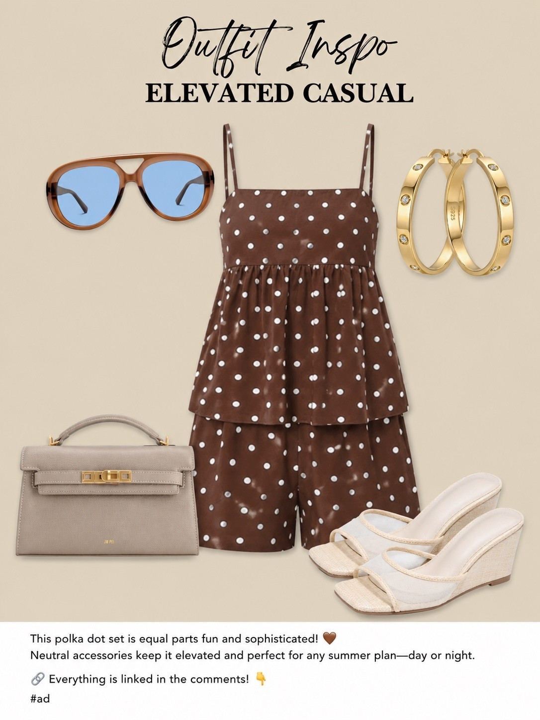 Facebook Caption:

Brown polka dots are having a moment, and I’m here for it. 🤎✨ This matching set paired with neutral accessories gives that effortless “vacation chic” vibe while still being easy to wear for brunch, date night, or summer events.

#LTKootd