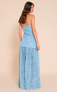 Light Blue Lace Sheer Skirt Panel Bandeau Midaxi Dress | PrettyLittleThing UK
