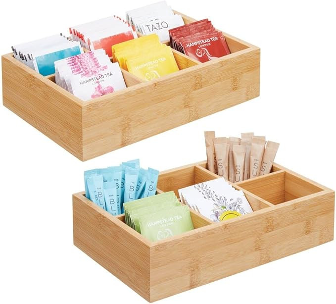 mDesign Bamboo Tea & Food Storage Organizer Container Box - Wooden Holder Case for Tea Bags, Coff... | Amazon (US)