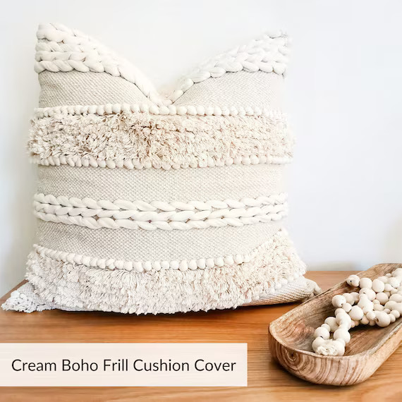 Handwoven Boho Pillow Cover  Cream Ivory Bohemian Frill - Etsy | Etsy (US)