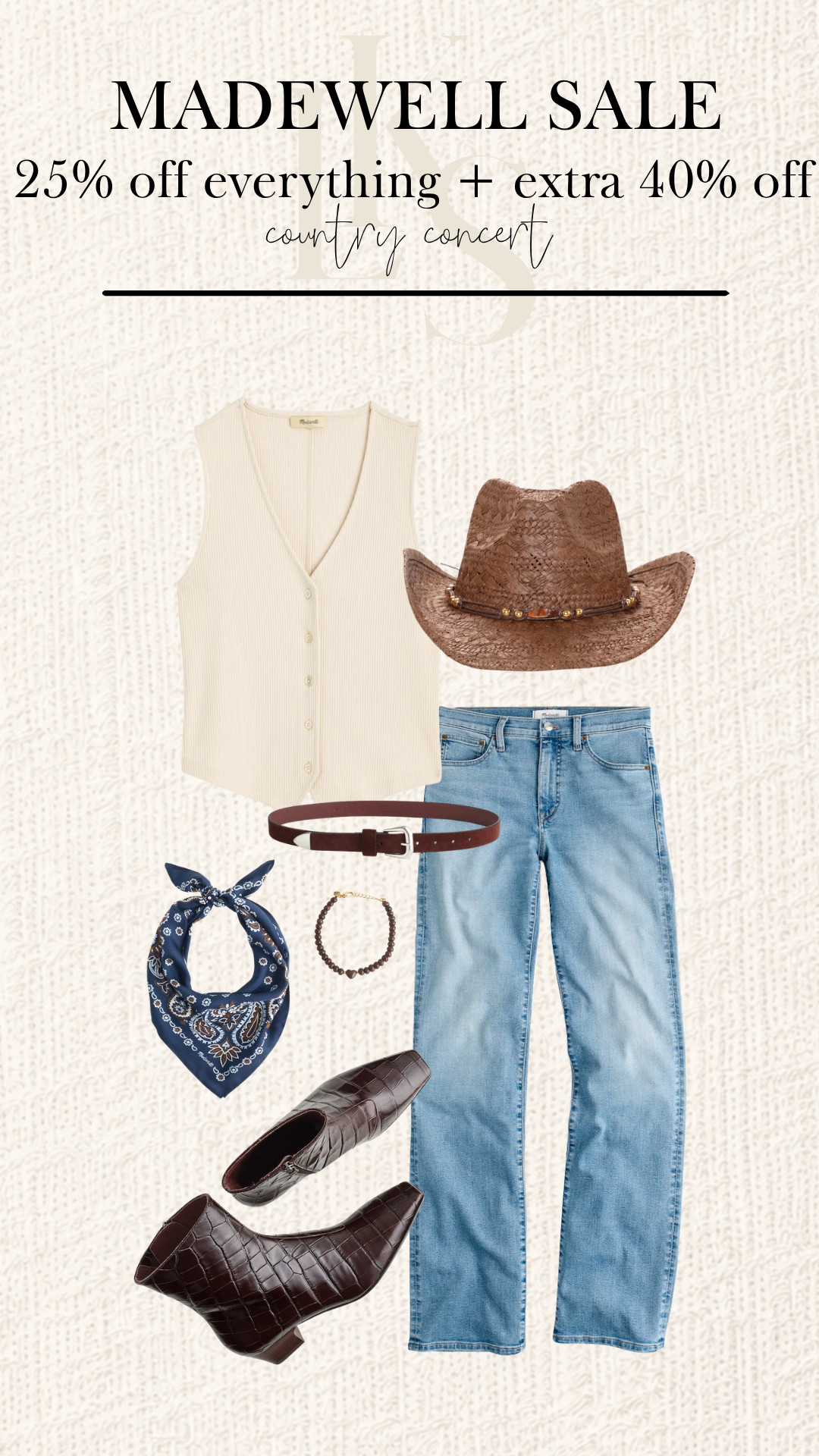 Boots, denim, and a western hat—this country concert look is ready for the next show. 

I love the mix of relaxed jeans, a classic vest, and statement accessories for an easy country-inspired outfit. 

Shop Madewell during the 25% off everything sale plus an extra 40% off! 

 #LTKootd #LTKSeasonal #LTKSaleAlert