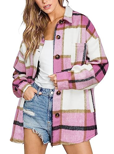 Beaully Womens Casual Plaid Shackets Brushed Flannel Button Down Pocketed Shirt Jacket Coats 6025 Pink Plaid XX-Large | Amazon (US)