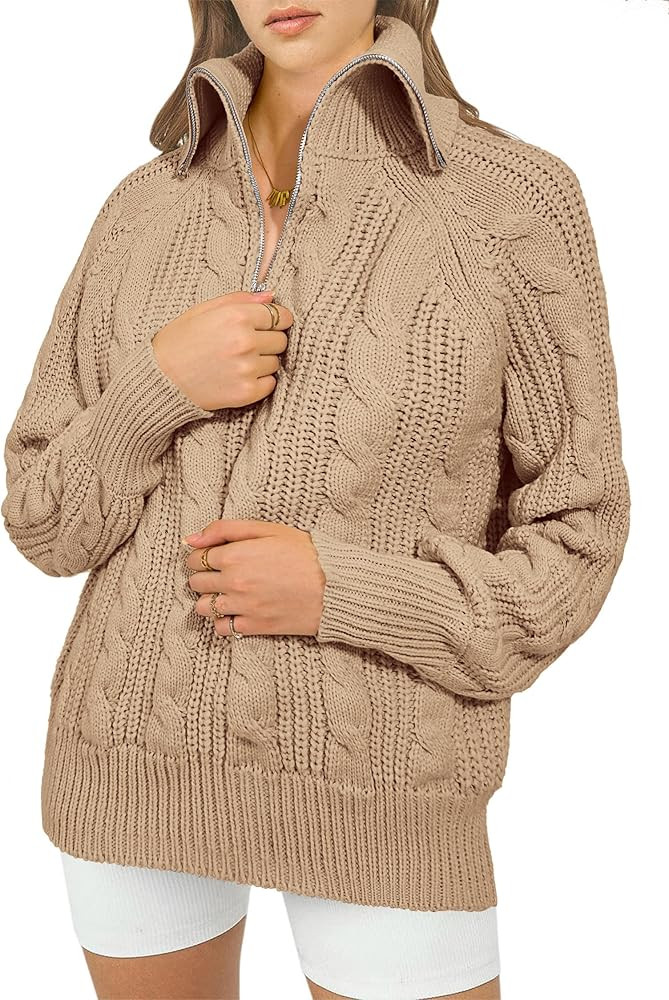 KIRUNDO Womens Oversized Sweaters 2023 Fall Trendy Long Sleeve Quarter Zipper Collar Chunky Cable... | Amazon (US)