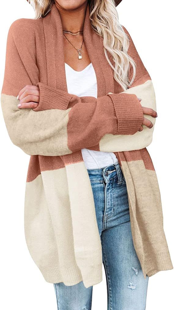 For G and PL Color Block Open Front Long Sleeve Cardigans Loose Knit Sweaters | Amazon (US)